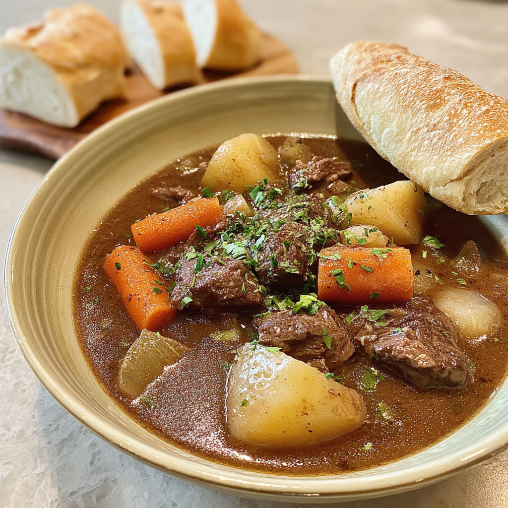 A bowl of beef stew with carrots and potatoes.