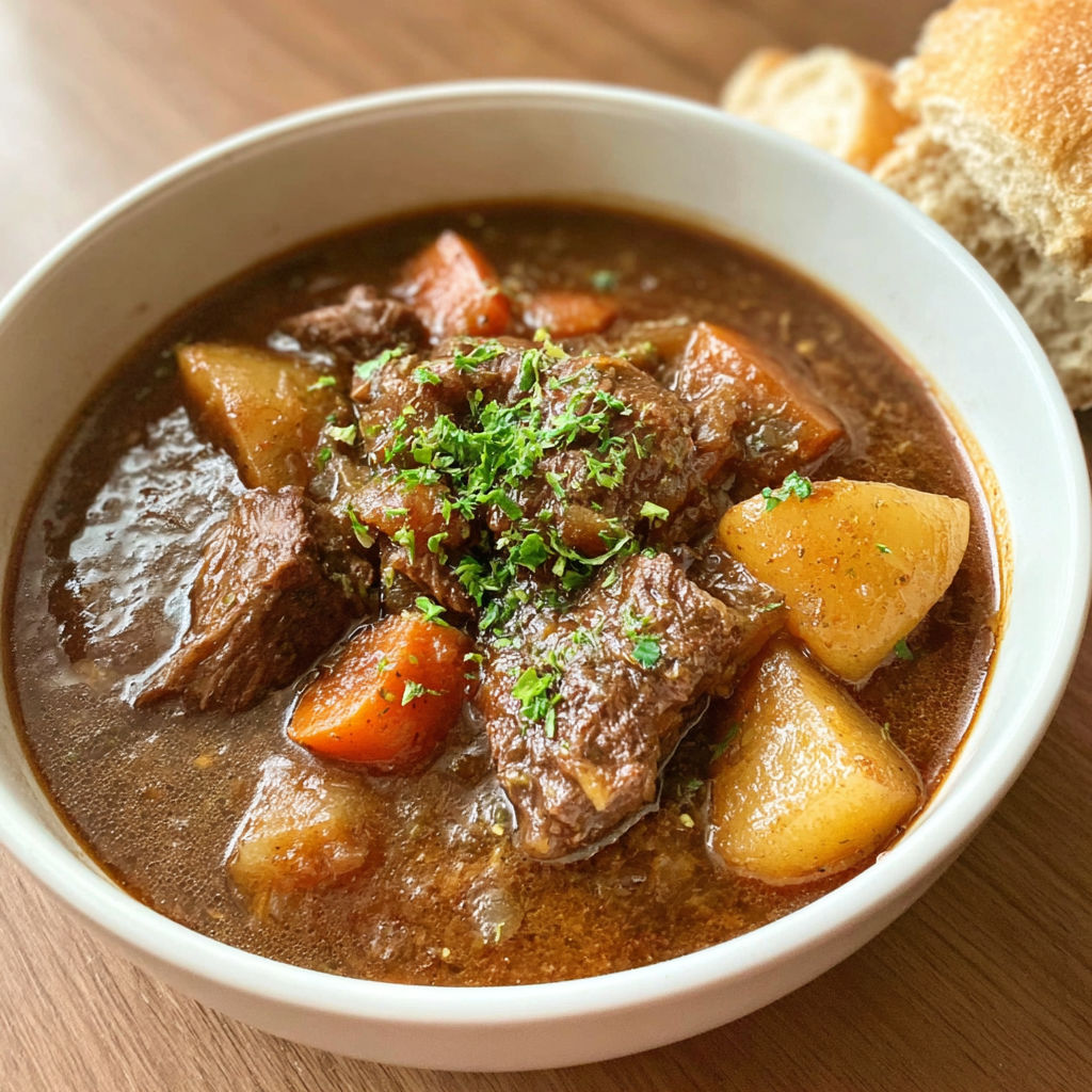 A bowl of soup with meat and vegetables.