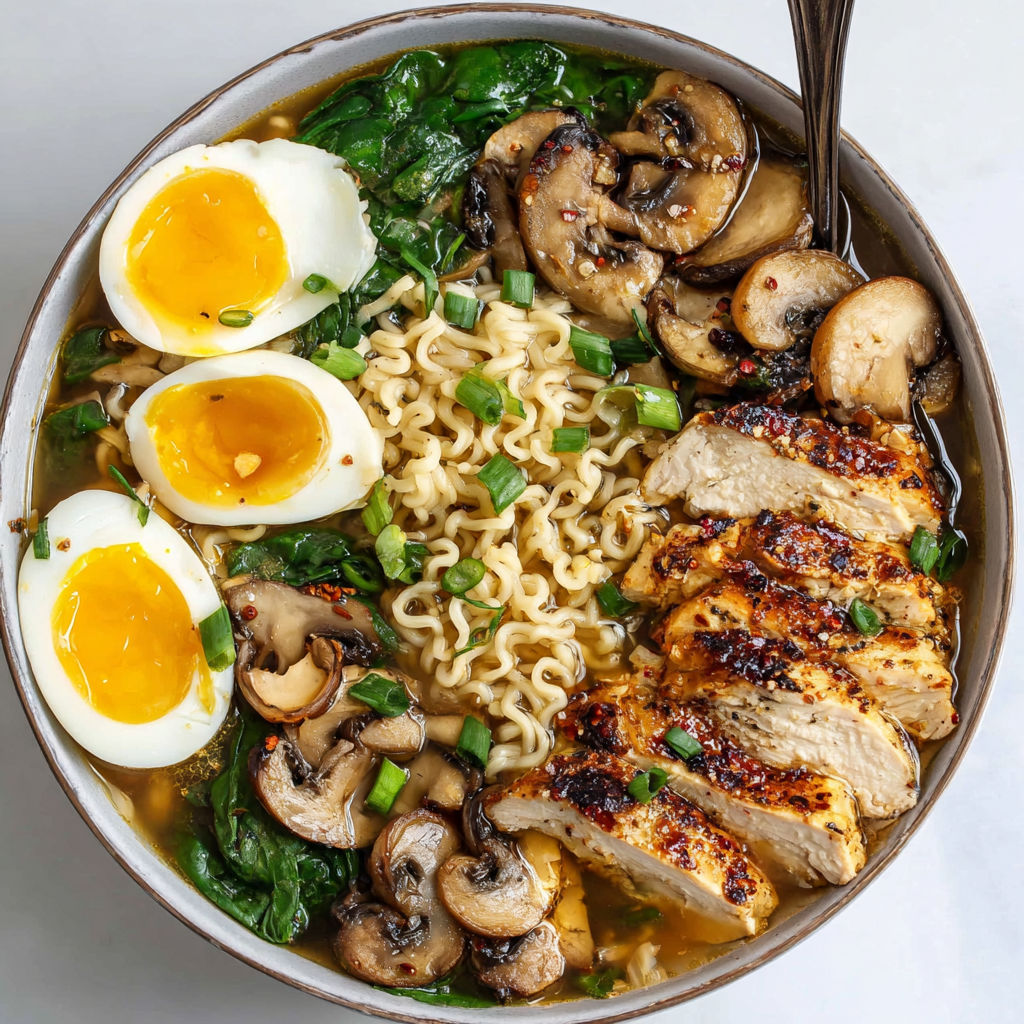 A bowl of homemade ramen with eggs, mushrooms, and noodles.