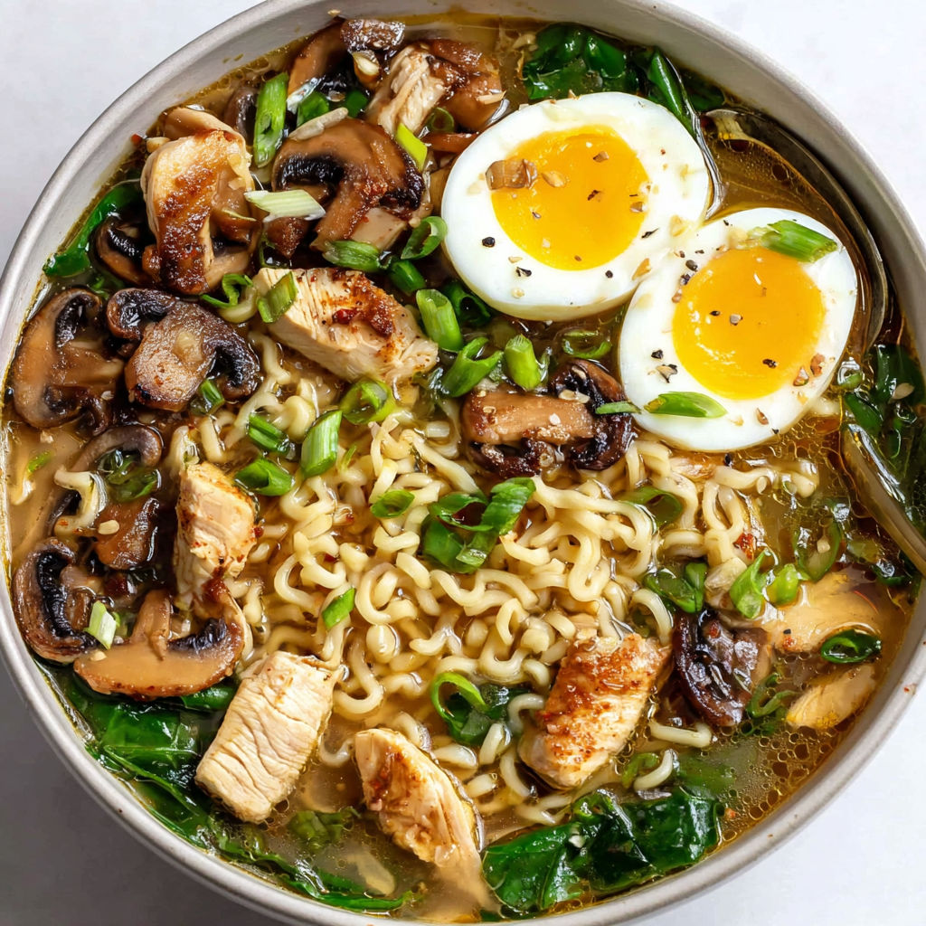 A bowl of noodles with mushrooms, eggs, and chicken.