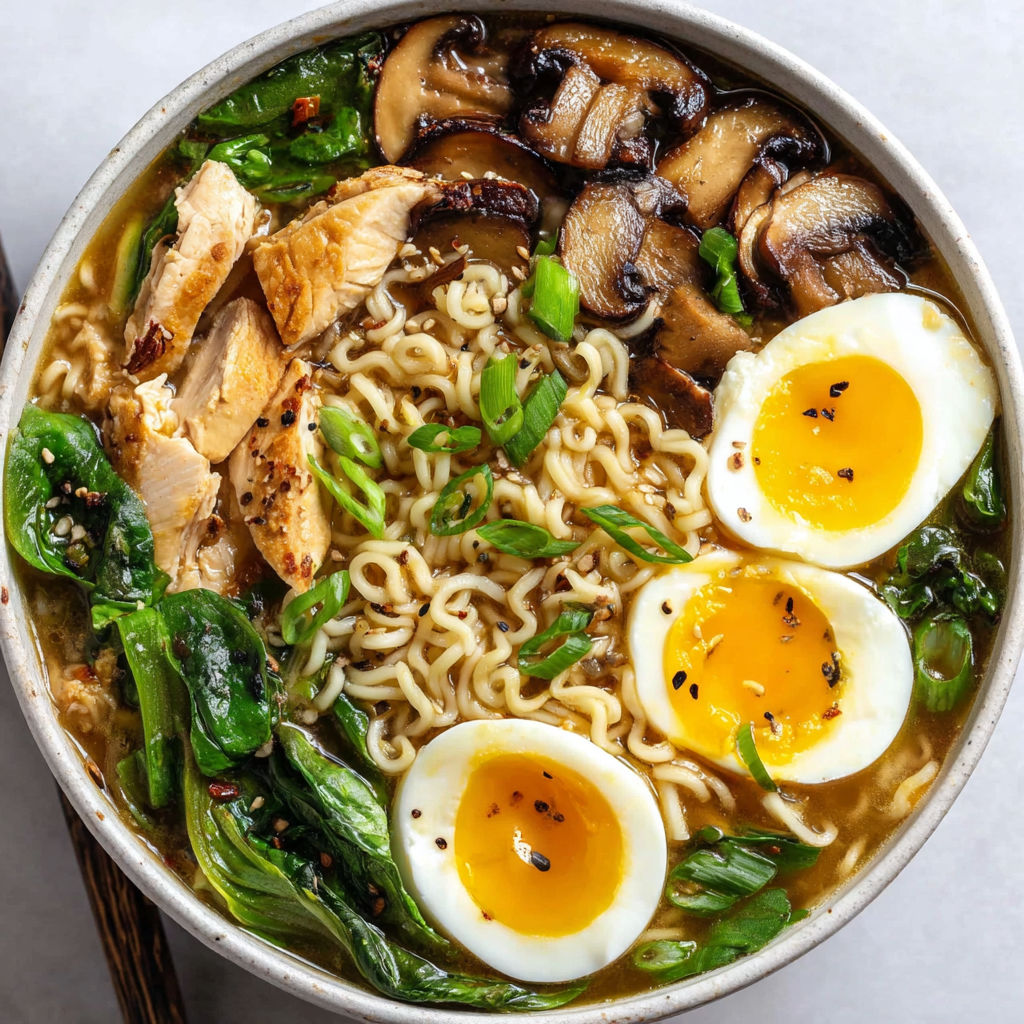 A bowl of noodles with eggs and mushrooms.