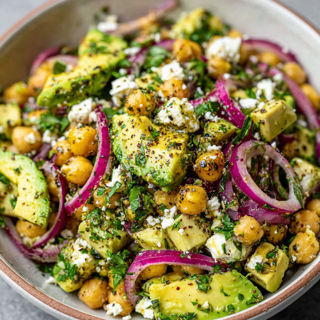 A bowl of chickpea feta avocado salad.
