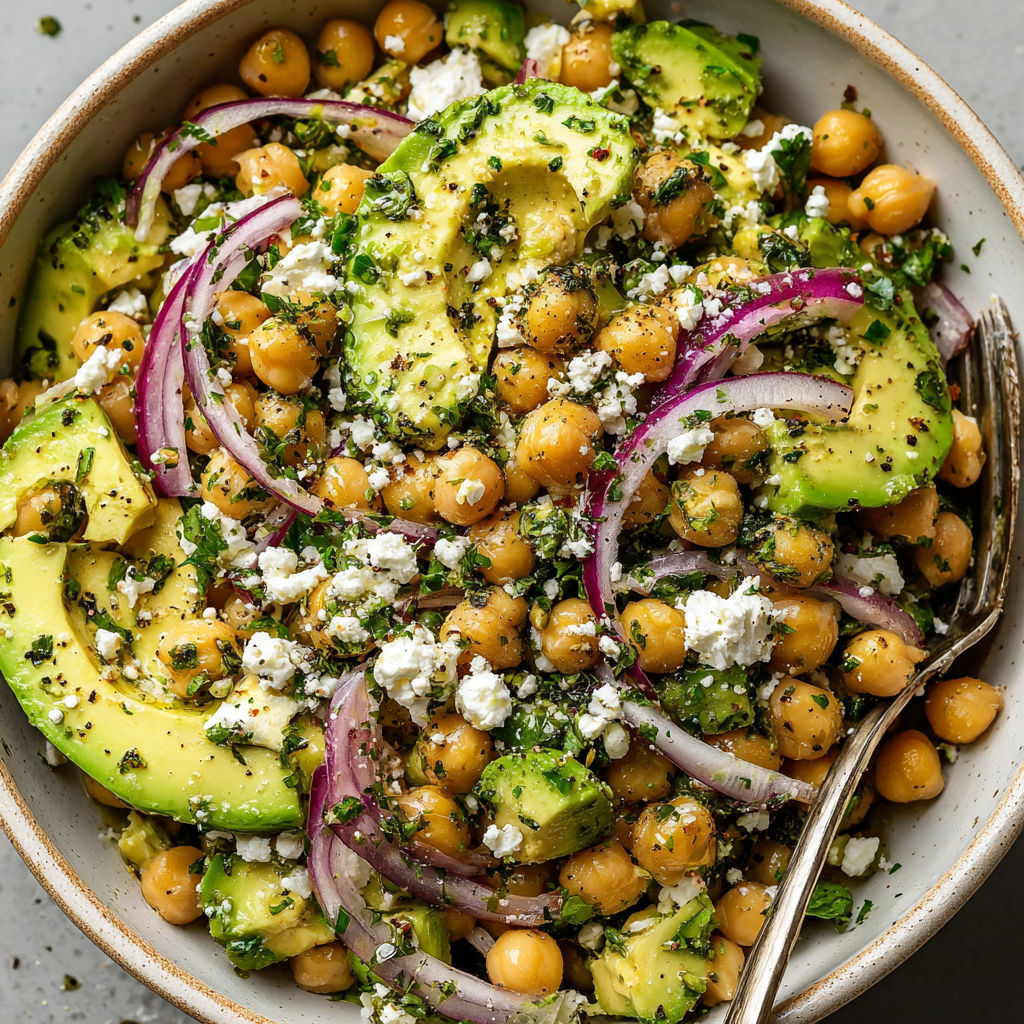 A bowl of food with chickpeas, onions, avocado, and feta cheese.