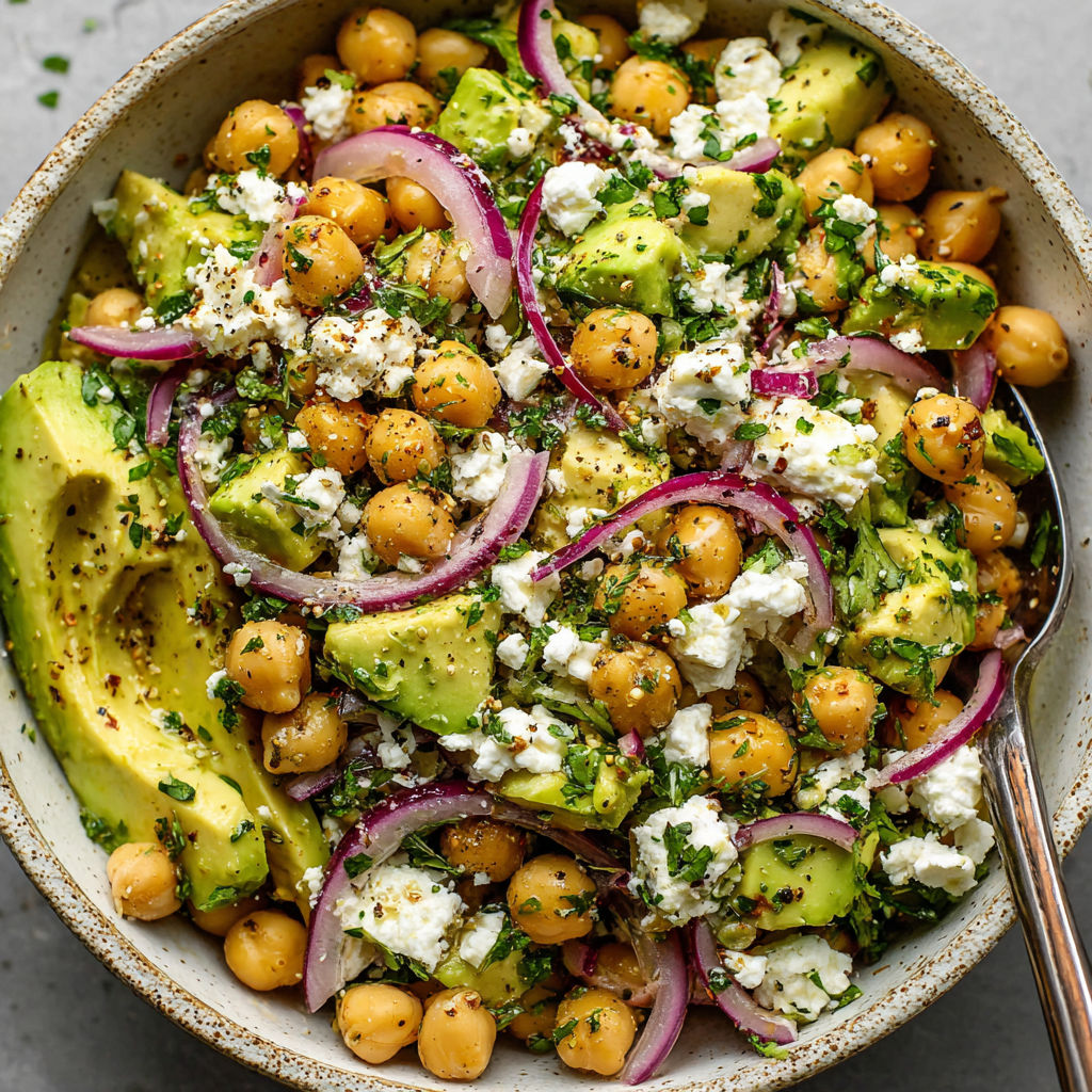 A bowl of food with chickpeas, onions, and feta cheese.