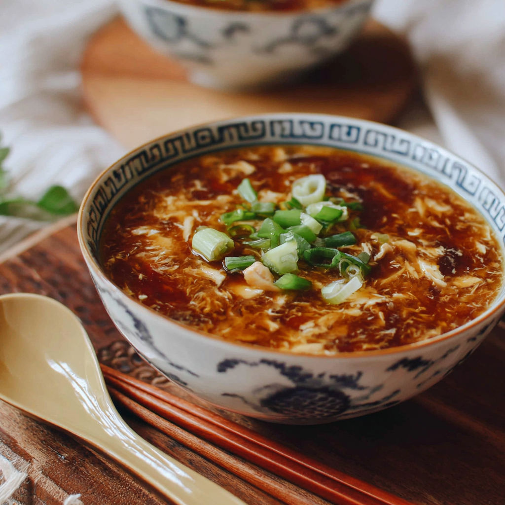 A bowl of hot and sour soup with green onions.