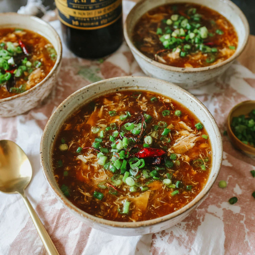 A bowl of soup with a spoon in it.