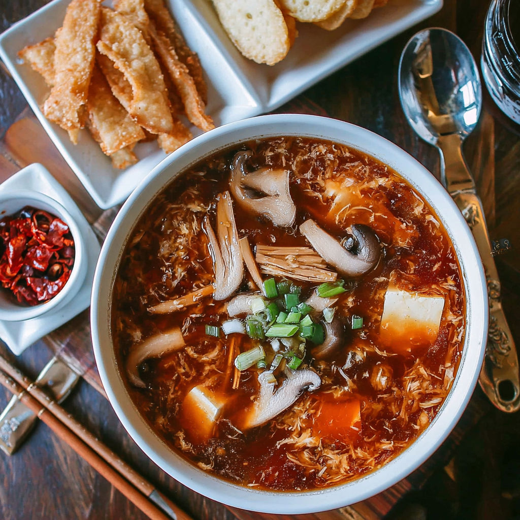 A bowl of hot and sour soup with mushrooms and noodles.