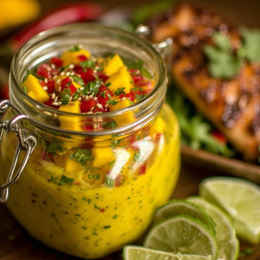 A glass jar filled with a sweet and spicy mango salad dressing.