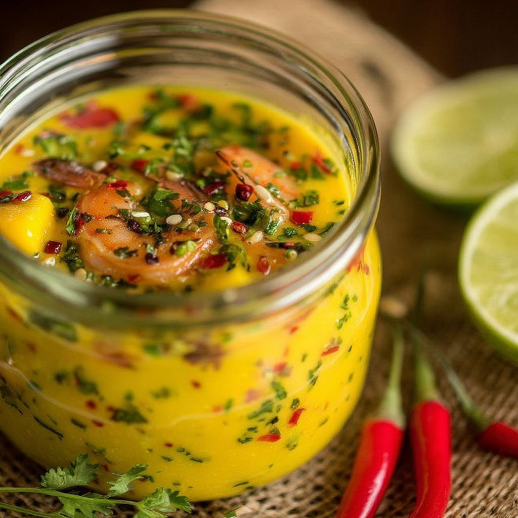 A jar of sweet and spicy mango salad dressing.