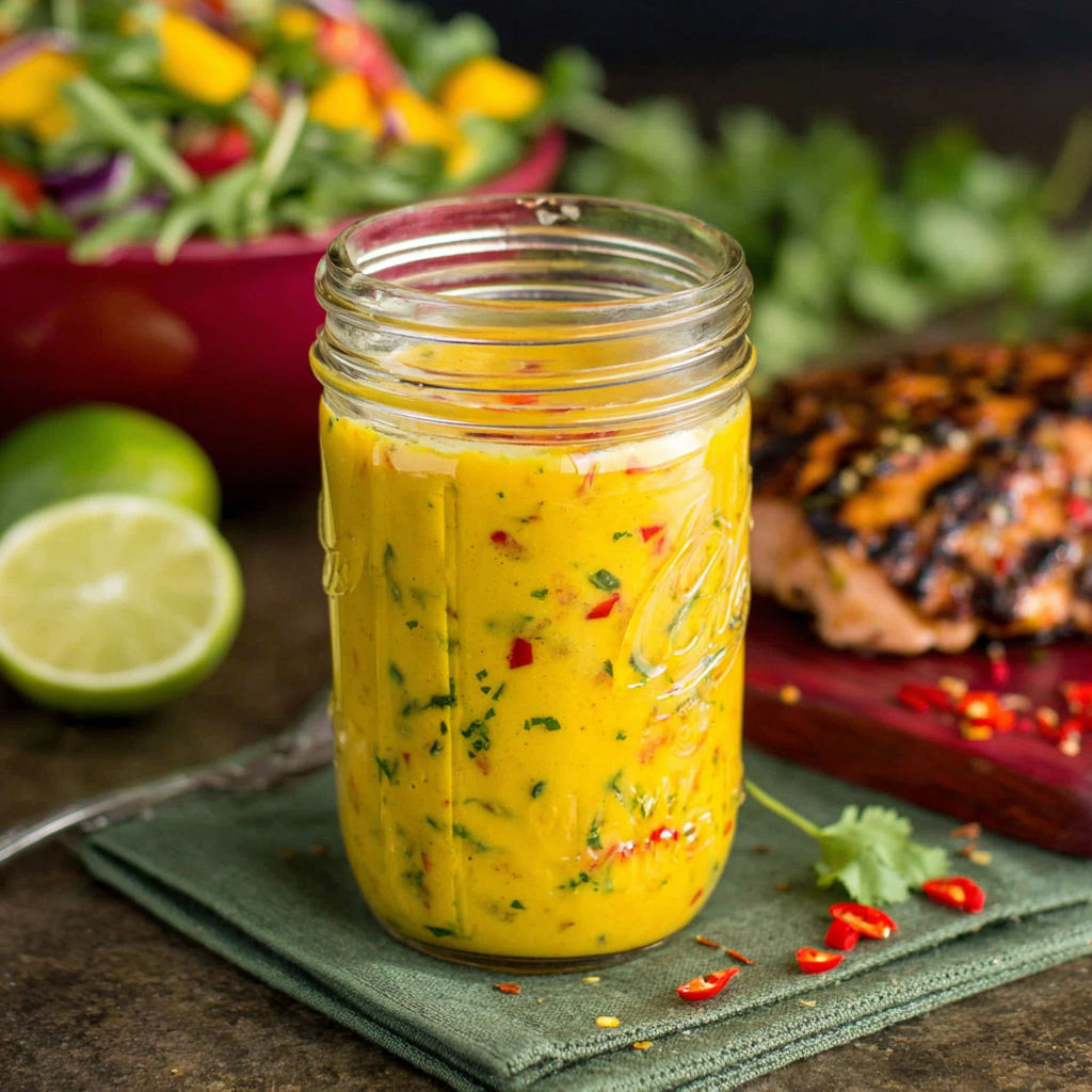 A glass jar of sweet and spicy mango salad dressing.