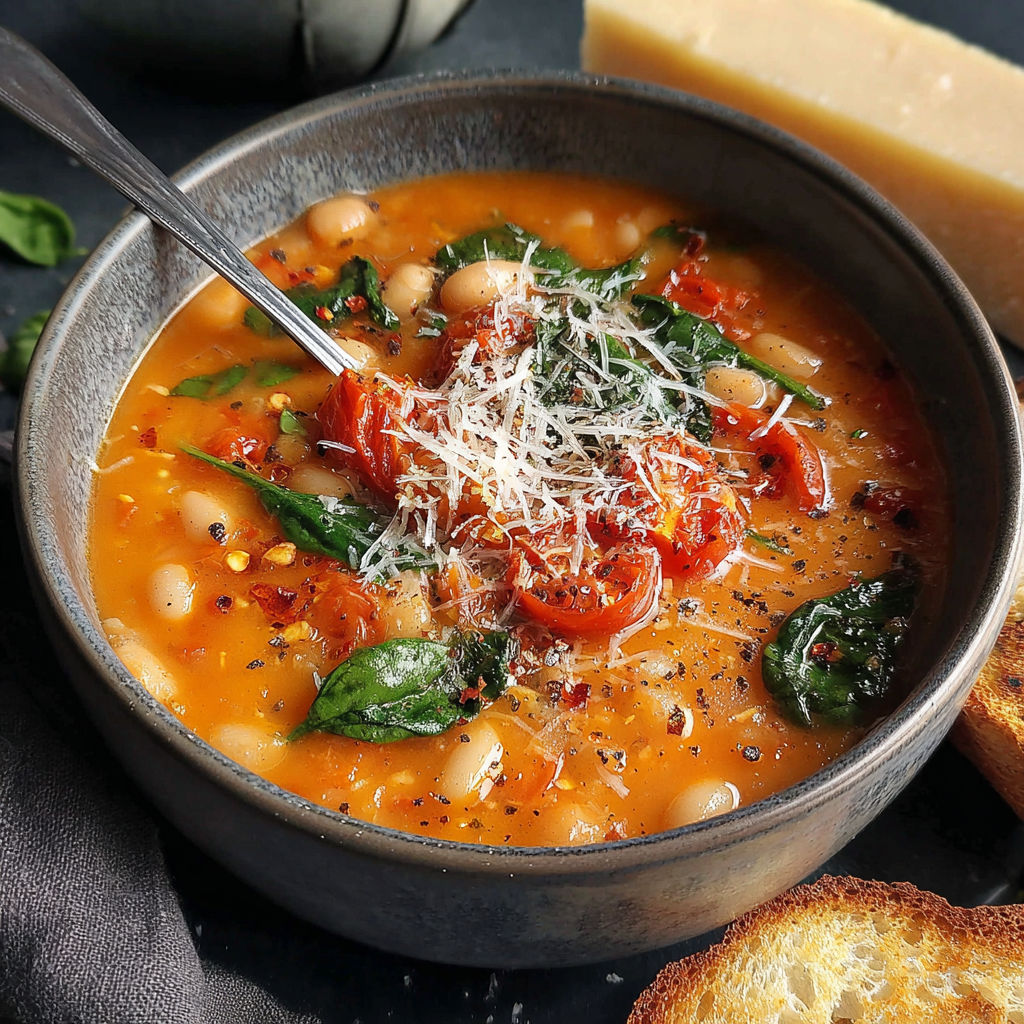A bowl of soup with Parmesan cheese and tomatoes.