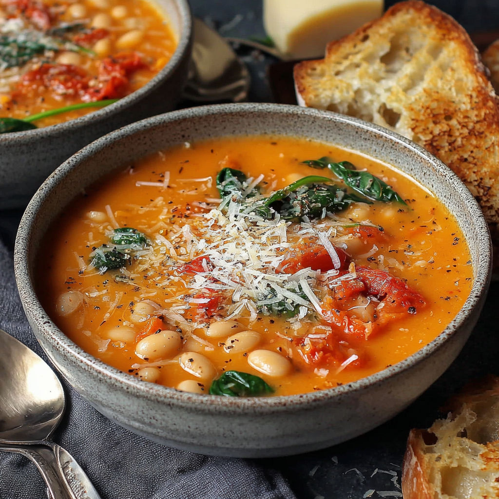 A bowl of soup with Parmesan cheese and tomatoes.