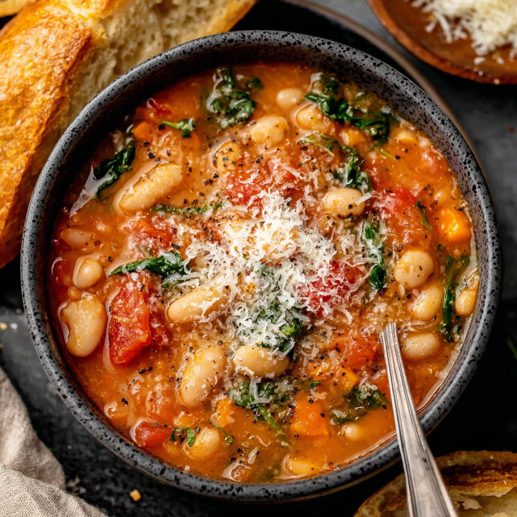 A bowl of soup with tomatoes, beans, and Parmesan cheese.
