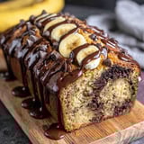 Chocolate espresso banana bread with chocolate drizzle.