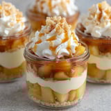 A dessert in a glass cup with whipped cream and caramel.