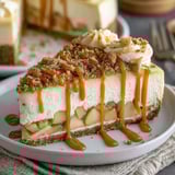 A slice of cheesecake with caramel drizzled on top.
