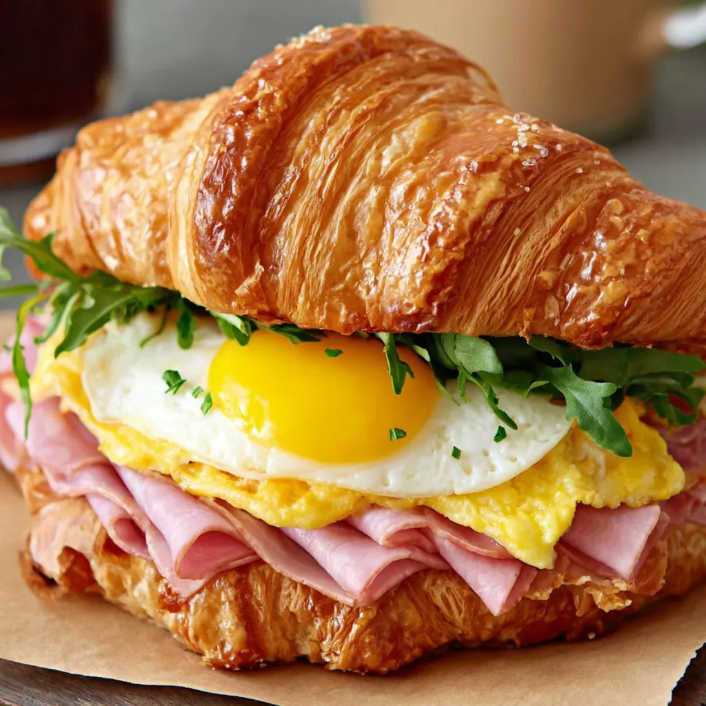A croissant sandwich with ham and egg.