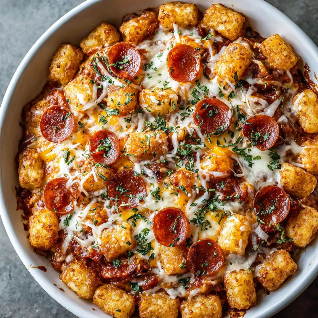 A white bowl filled with a pizza tater tot casserole.