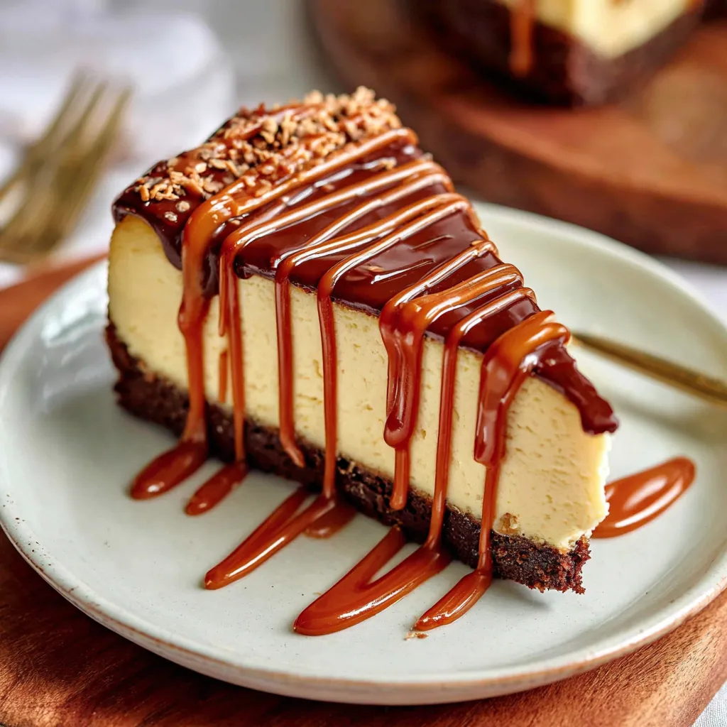 A slice of cheesecake with caramel drizzled on top.