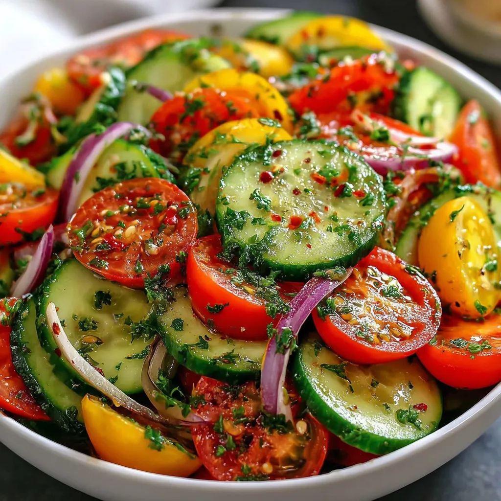 A bowl of vegetables including tomatoes, cucumbers, and onions.