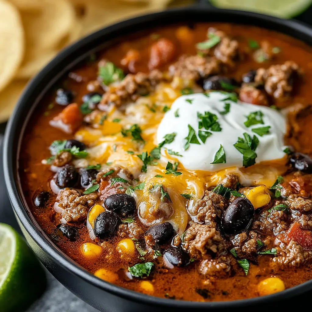A bowl of ground beef taco soup with black beans.
