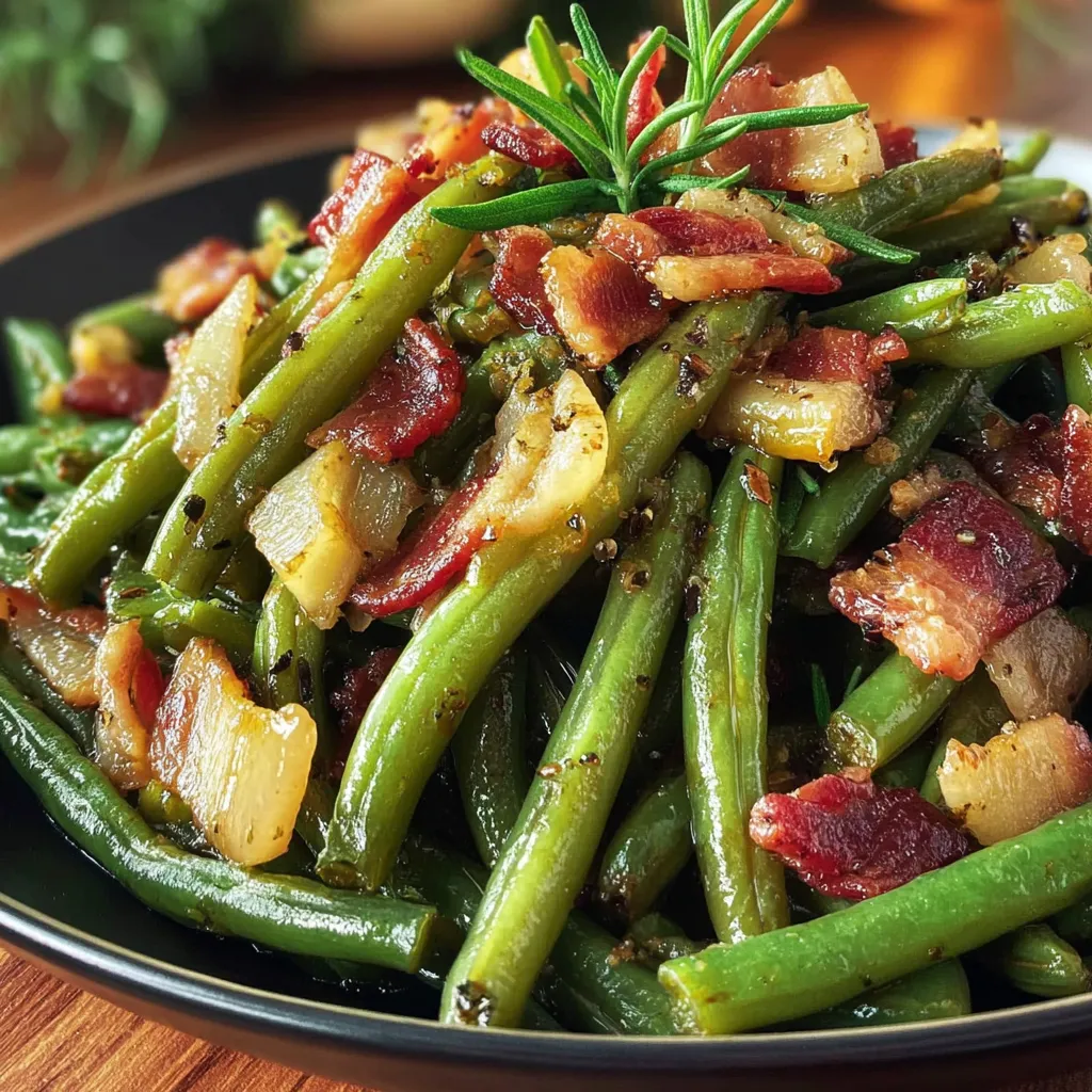 A plate stacked with green beans and bacon.