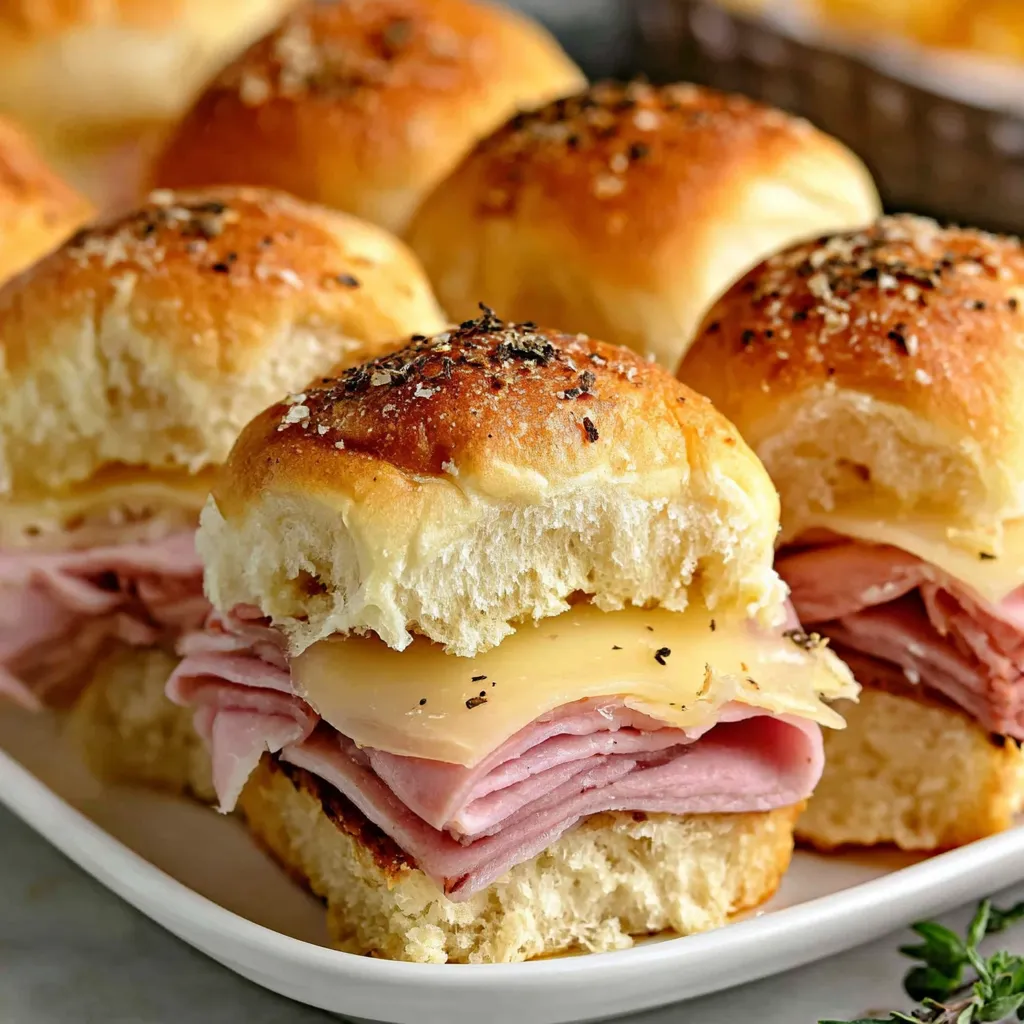 A plate of ham and cheese sliders.