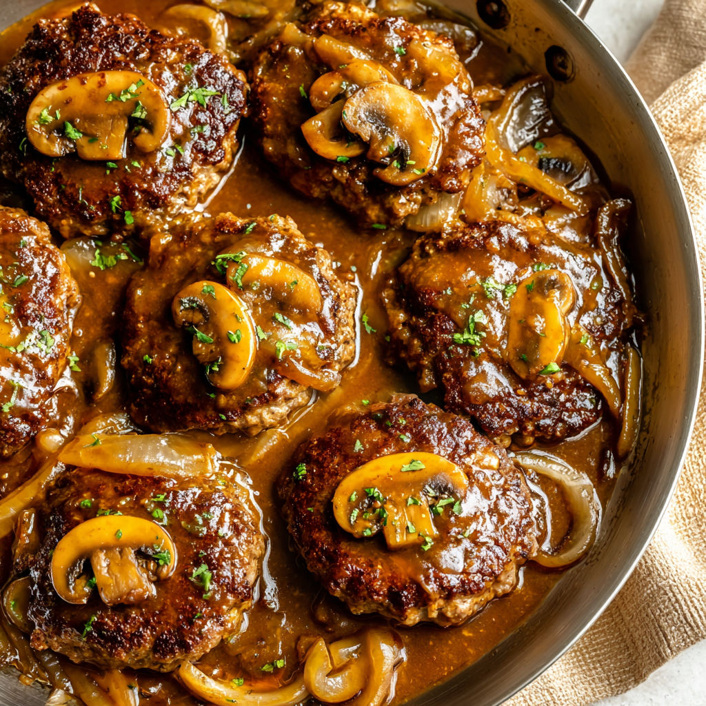 A pan of meat with mushrooms and onions.