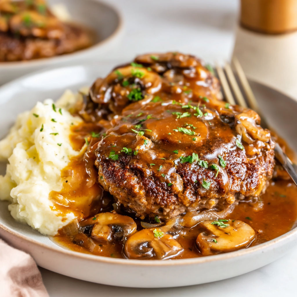 A plate of mushrooms and meat covered in gravy.