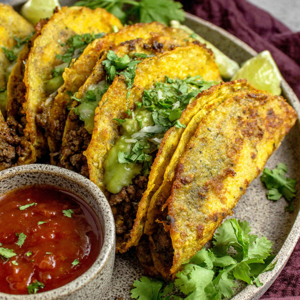 A plate of crispy ground beef tacos.