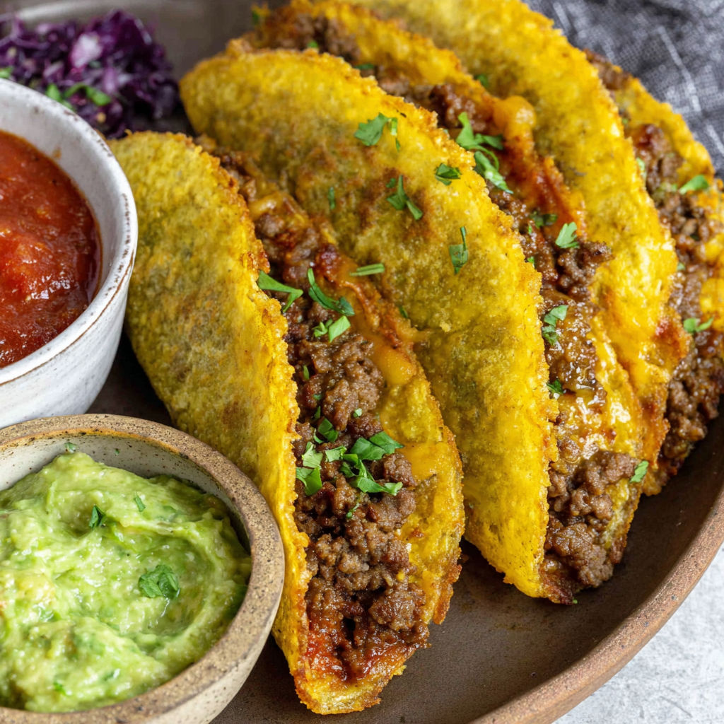 A plate of crispy ground beef tacos.