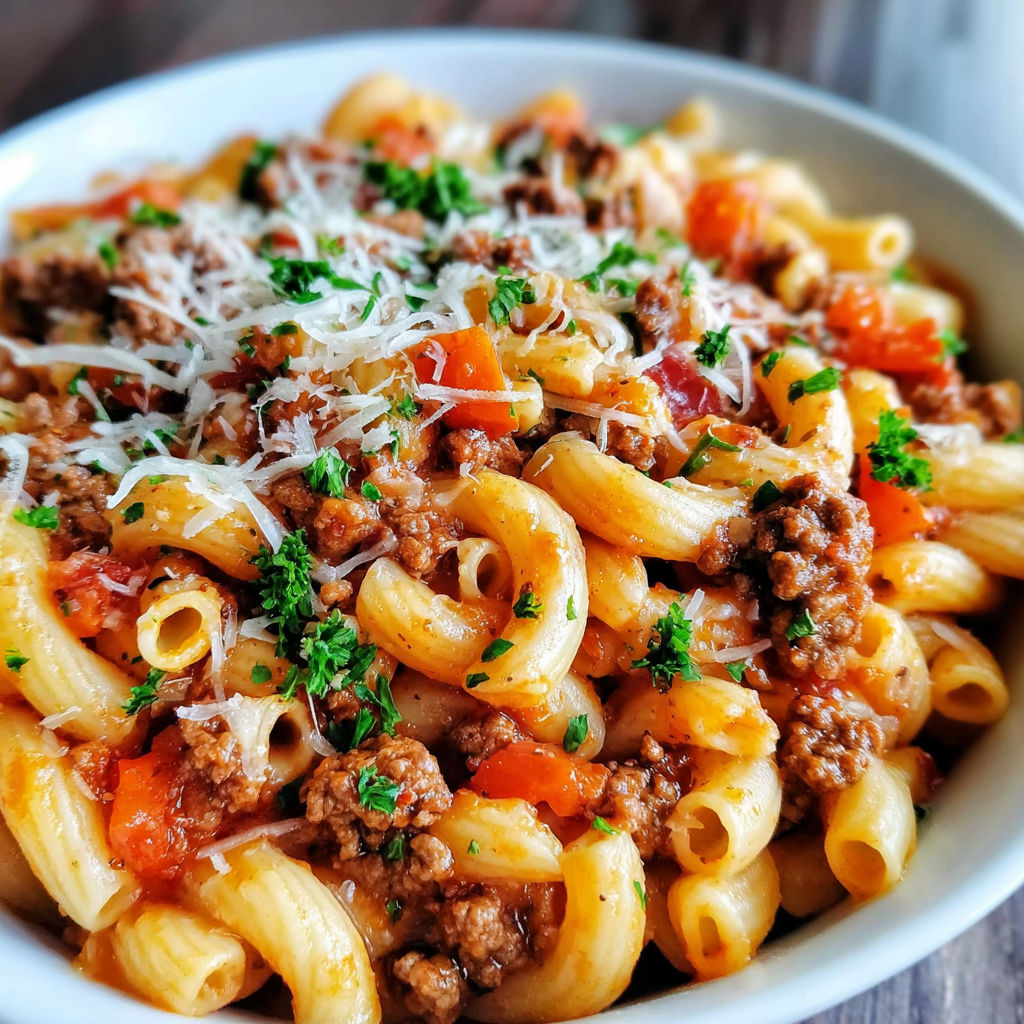 A bowl of pasta with ground beef and cheese.