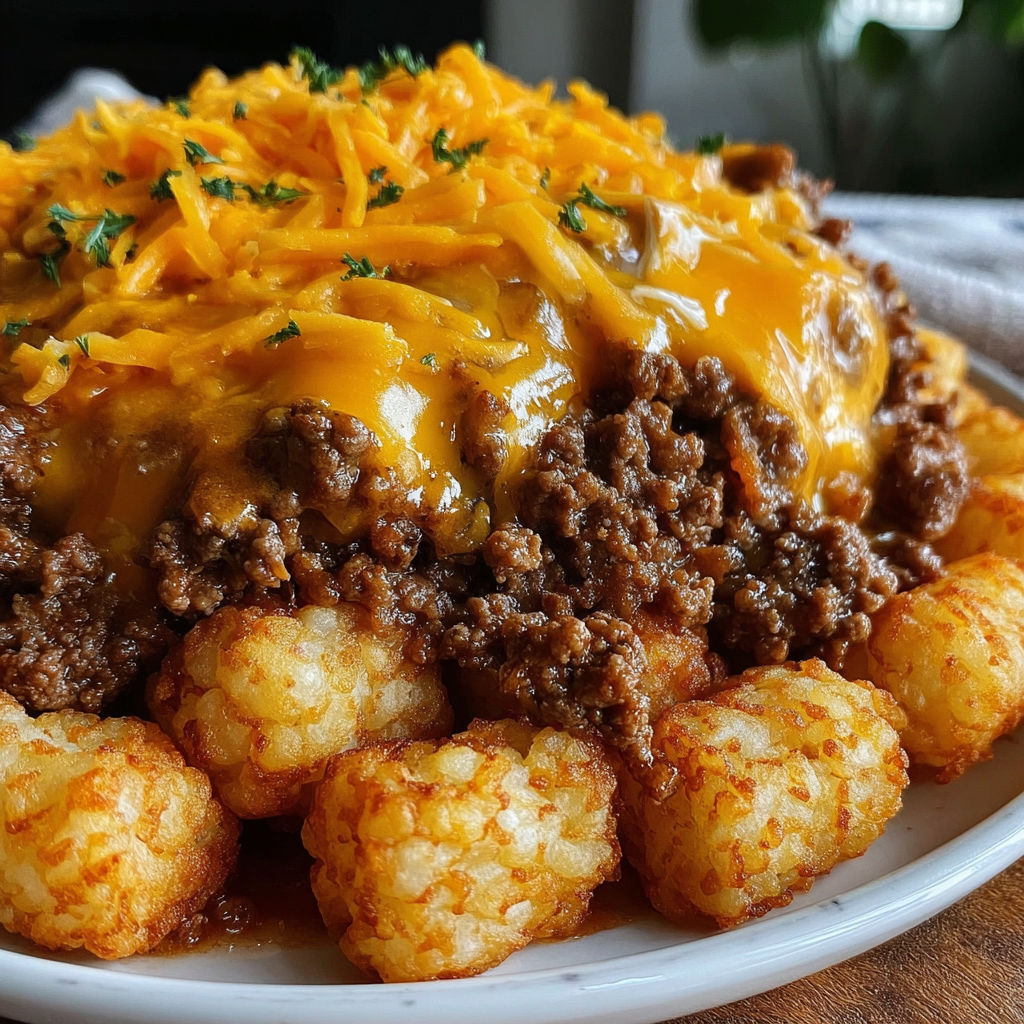 A plate of food with a tater tot casserole and ground beef.