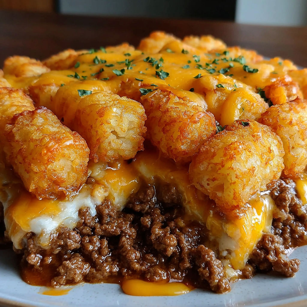 A plate of food with tater tots and ground beef.