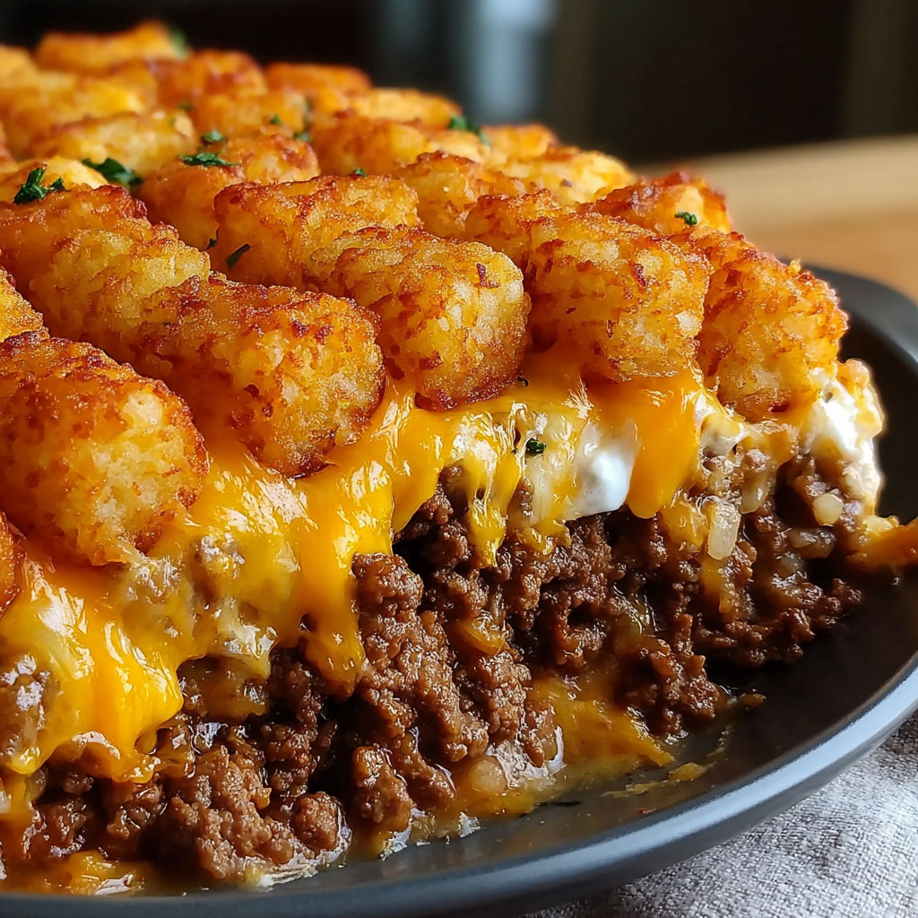 A plate of food with tater tots and ground beef.