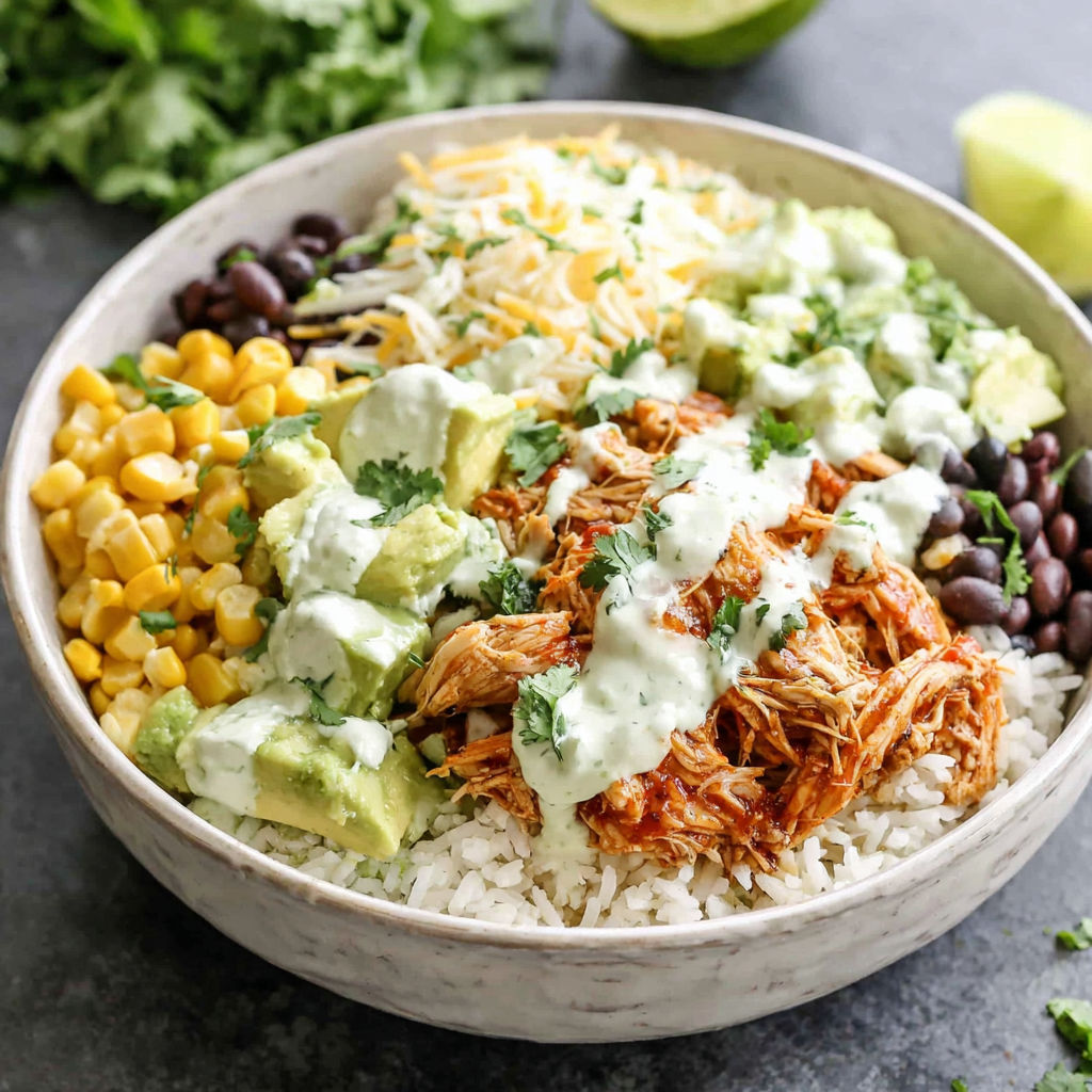 A bowl of food with rice, beans, chicken, and cheese.