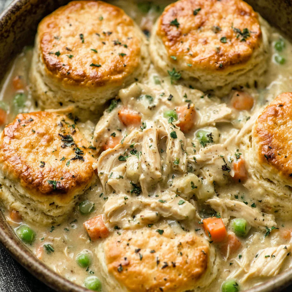A bowl of chicken pot pie with biscuits.