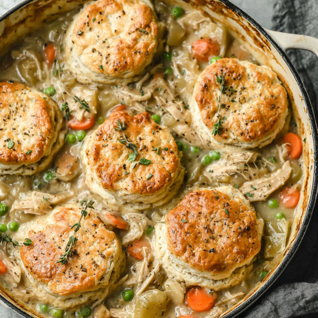 A pot of food with biscuits and vegetables.