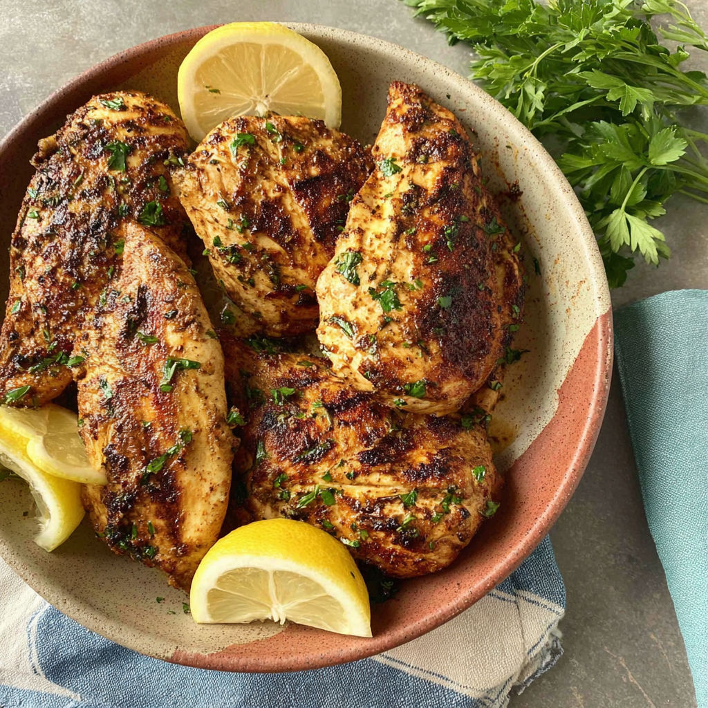 A bowl of marinated chicken with lemon wedges.