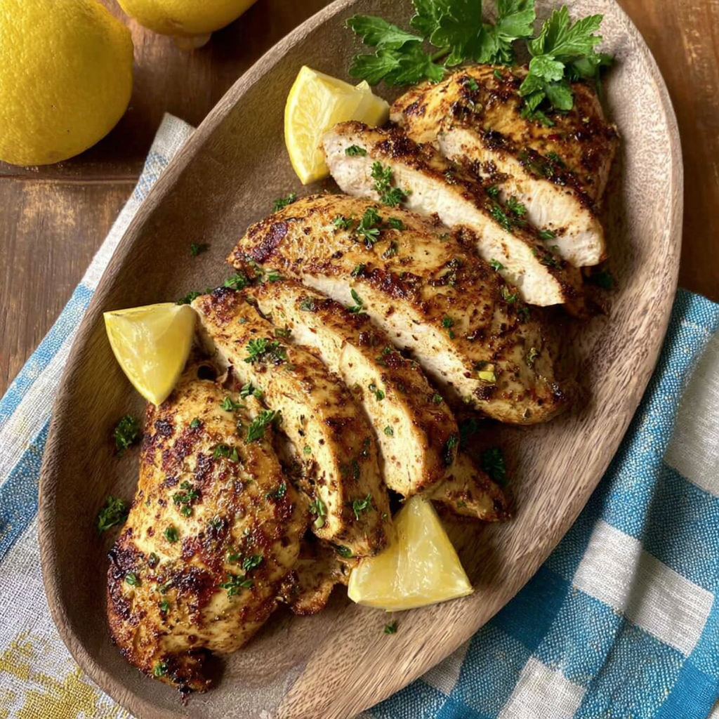 A plate of marinated chicken with lemon wedges on top.