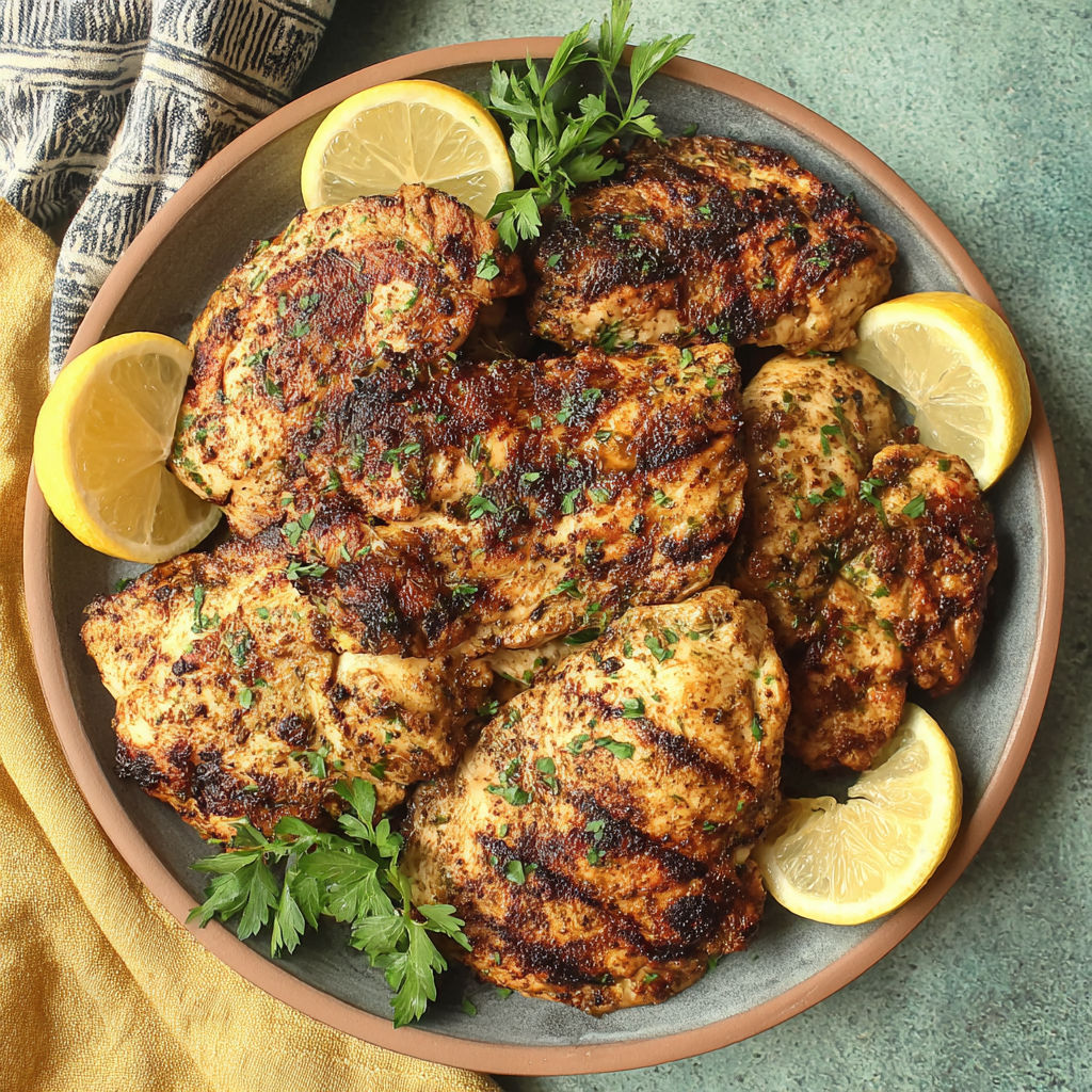 A plate of marinated chicken with lemon wedges on top.