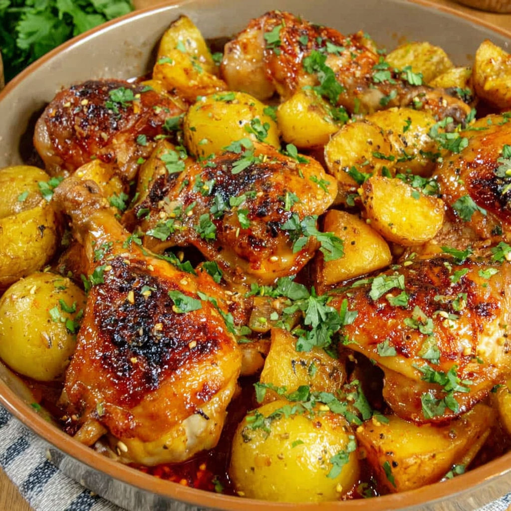 A dish of chicken and potatoes.
