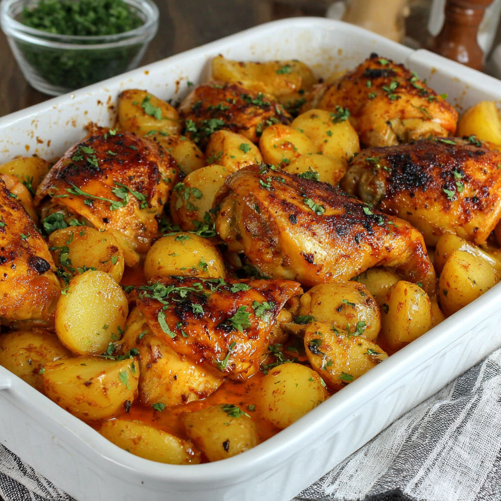 A dish of chicken and potatoes.