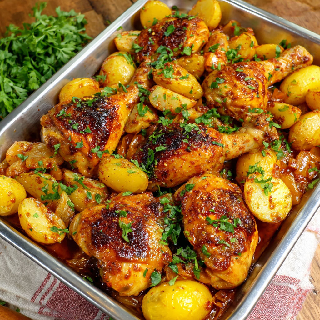A pan of chicken and potatoes.