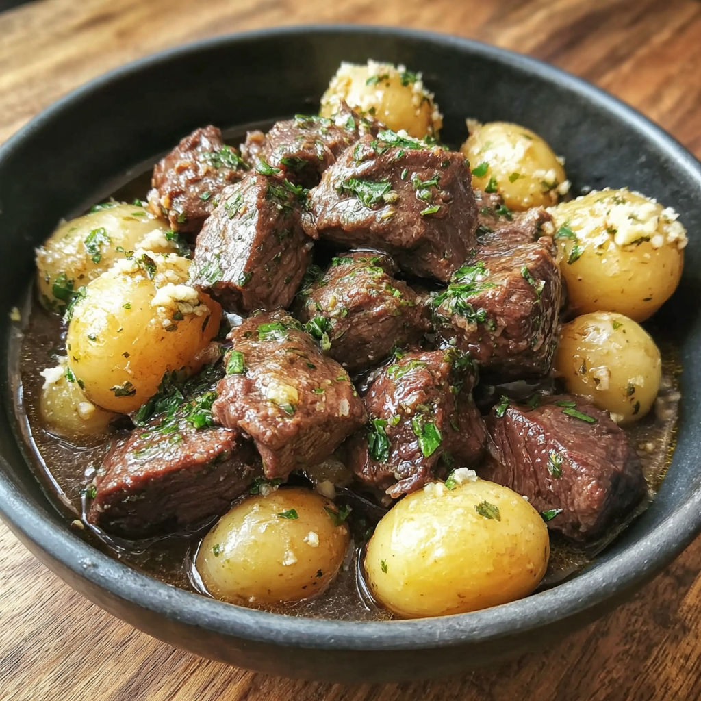 A bowl of beef and potatoes.