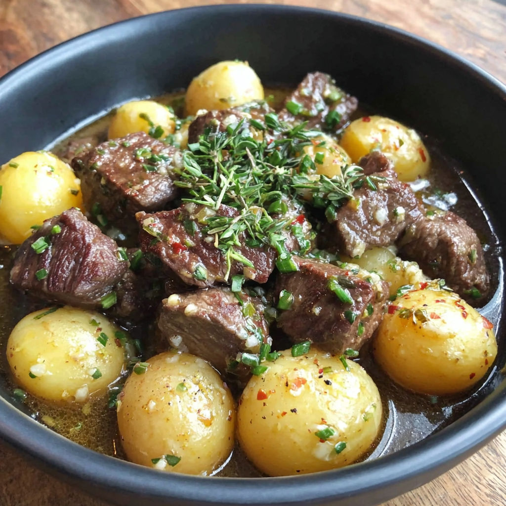 A bowl of meat and potatoes.