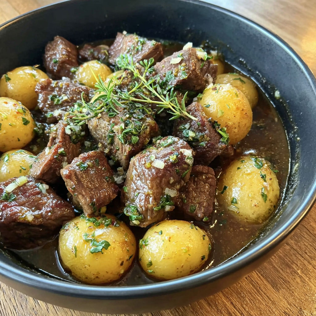 A bowl of meat and potatoes.