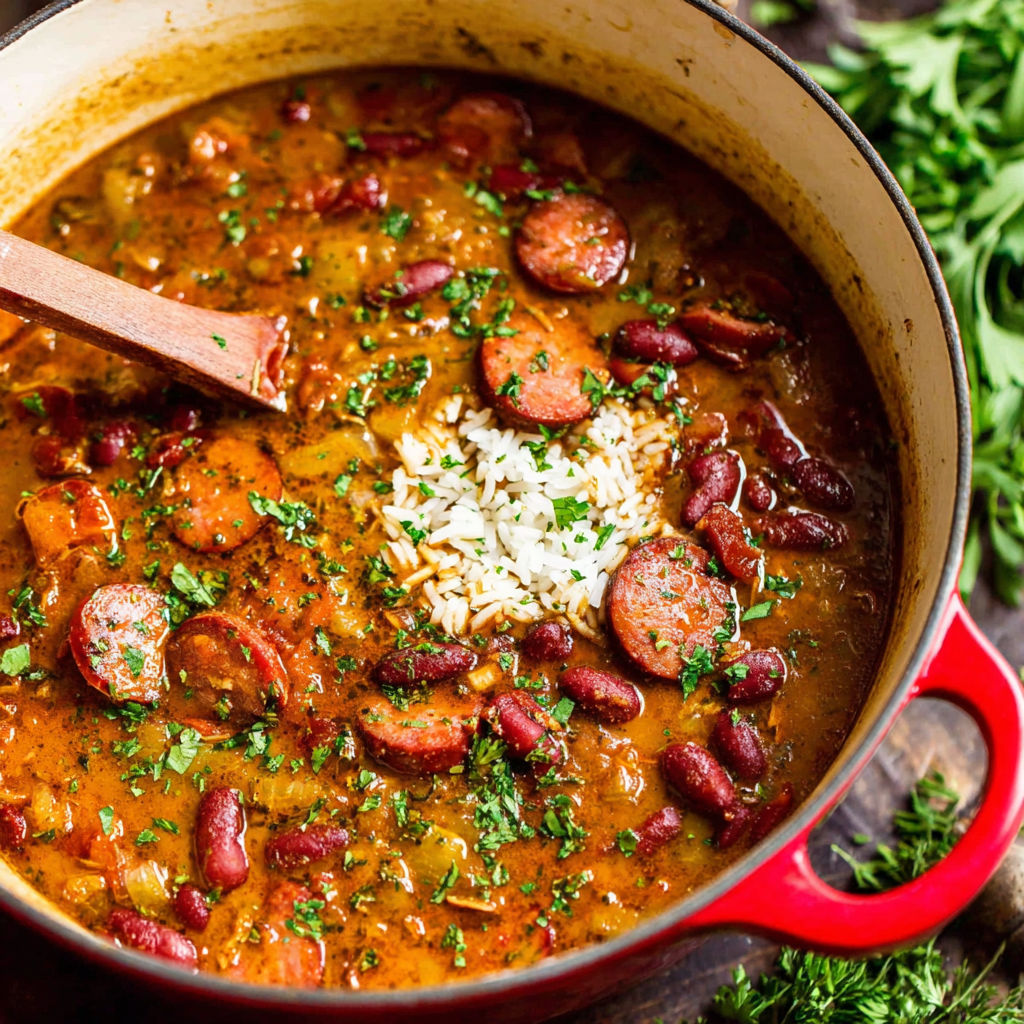 A red pot of beans and rice.