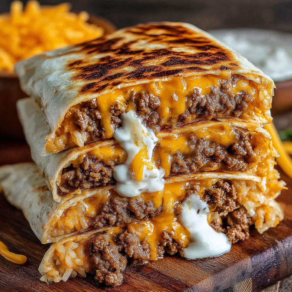 A burrito with cheese and sour cream on top.