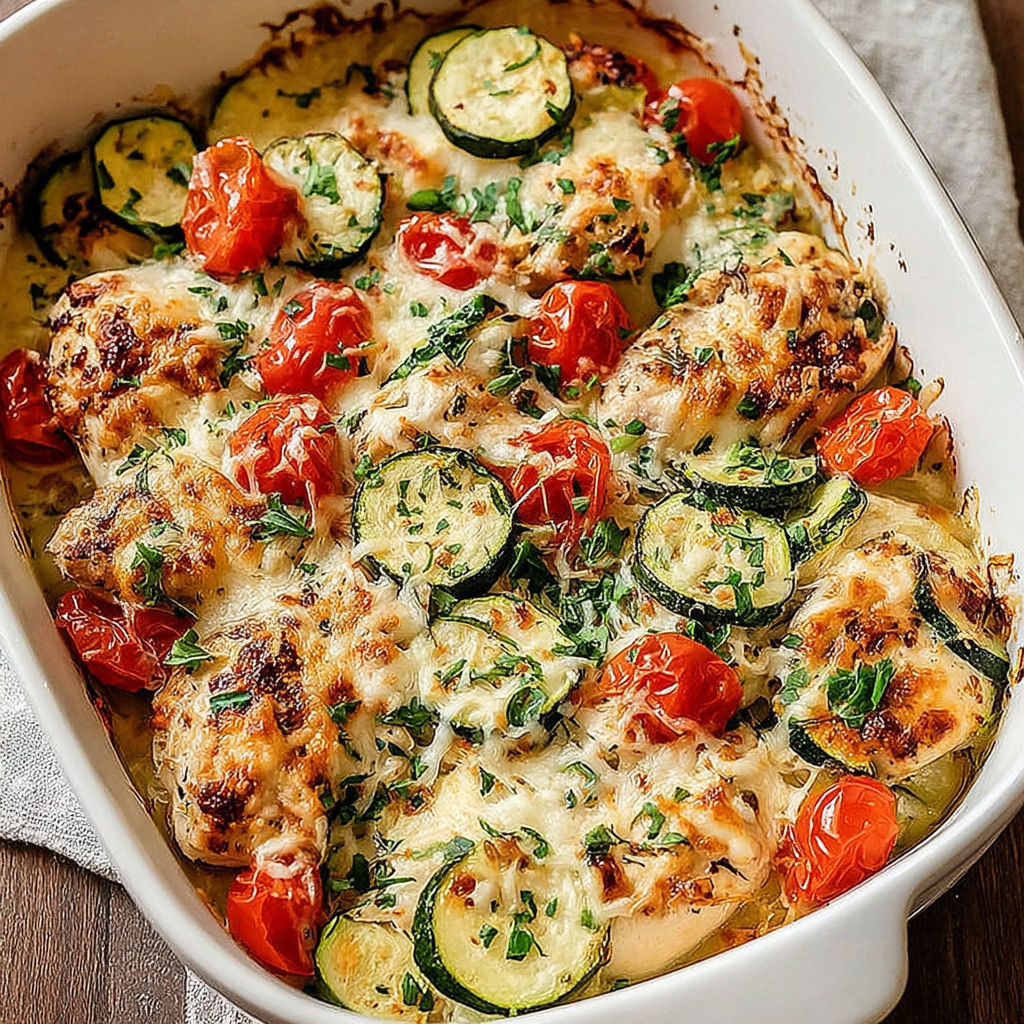 A dish of chicken and zucchini in a white bowl.